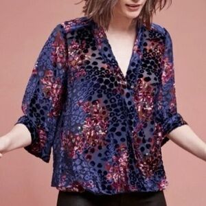 Floreat Anthropologie Japonica Wrap Boho Blouse Velvet Burnout Navy Purple XS